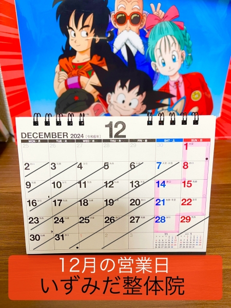 新潟市西区山田のカイロ整体　いずみだ整体院　１２月の営業日